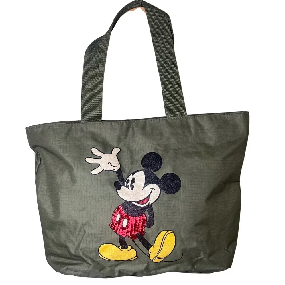 Disney Green Sequin Glitter Mickey Mouse Nylon Zippered Tote Bag 17
